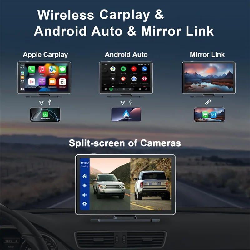 Wireless Carplay Car Stereo, 9 Inch Portable Car Audio With Front Rear 4K+1080P Dual Camera Dash Cam, Carplay Screen