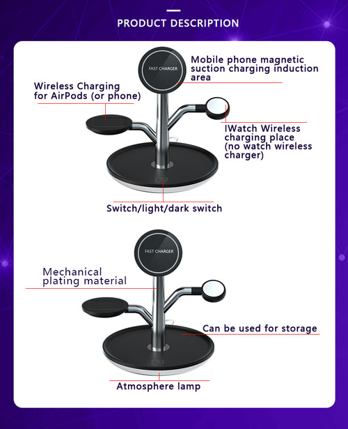 3 in 1 Wireless Charging Stand with Tray and Fast Charging