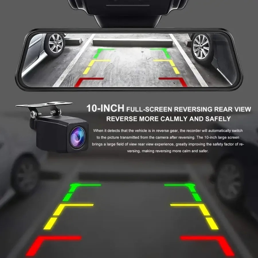 10" Touchscreen Mirror Dash Cam 1080P Front & Rear, G Sensor, Loop Recording