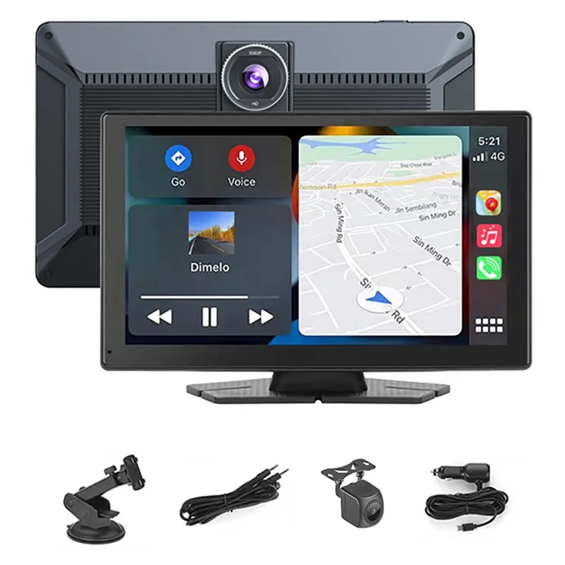 Wireless Carplay Car Stereo, 9 Inch Portable Car Audio With Front Rear 4K+1080P Dual Camera Dash Cam, Carplay Screen