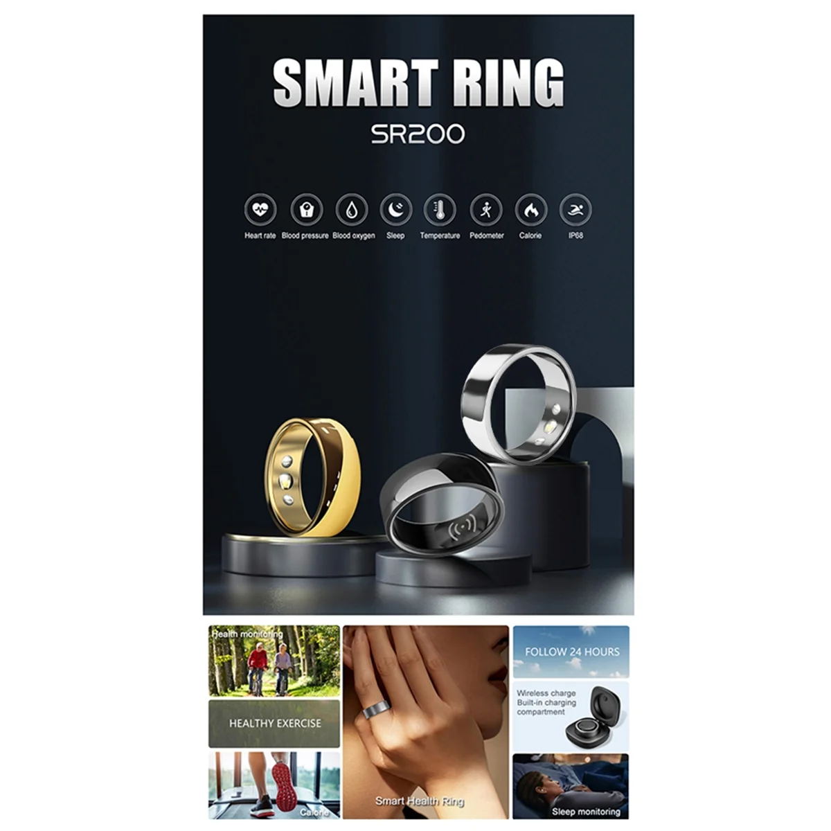 AD41-SR200 Smart Ring Activity Fitness Tracker Blood Oxygen Blood Pressure Sleep Monitor Finger Ring for IOS Android