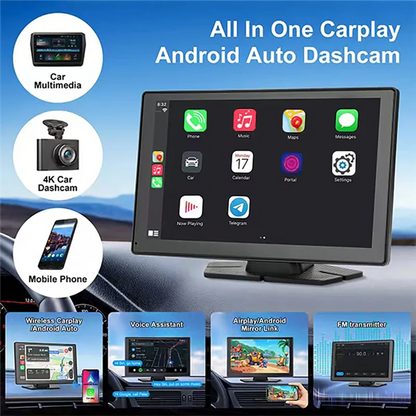 Wireless Carplay Car Stereo, 9 Inch Portable Car Audio With Front Rear 4K+1080P Dual Camera Dash Cam, Carplay Screen